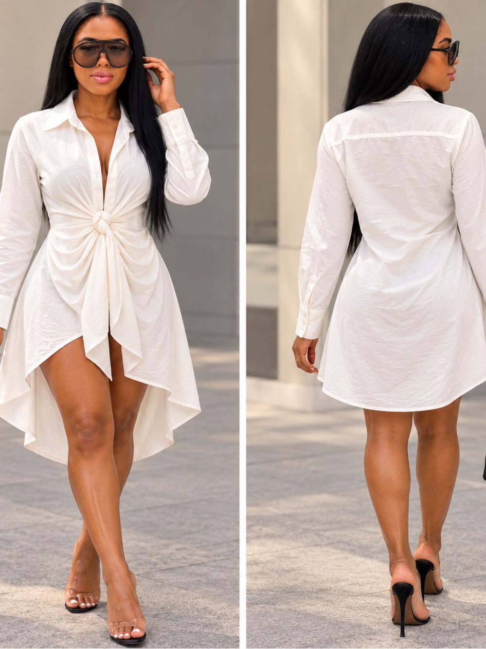 Elegant White High-Low Knot Front Shirt Dress